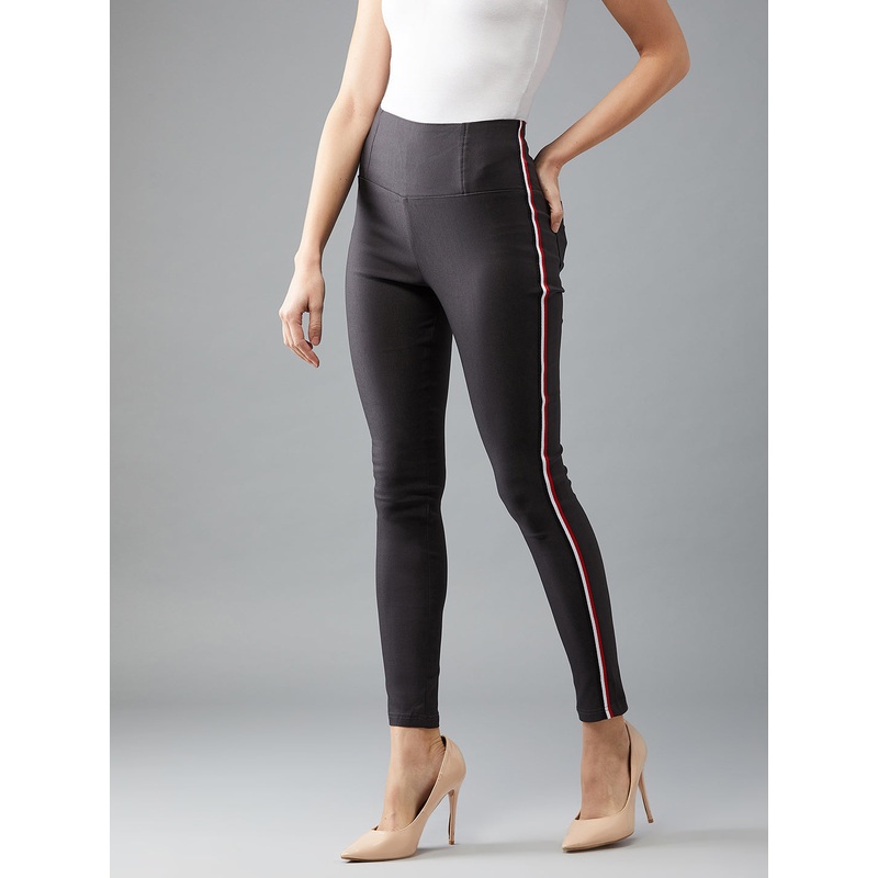 Women’s Dark Grey Solid Knitted Twill Tape Detailing High-Waist Regular Length Patch Pocket Treggings XS Dark Grey