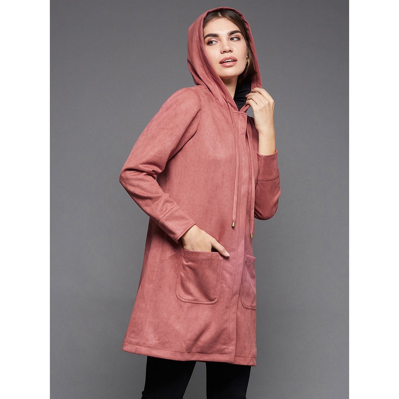 Women’s Dark Peach Solid Hooded Neck Full Sleeves Casual Winter Wear Polyester High Low Longline Jacket XS Dark Peach