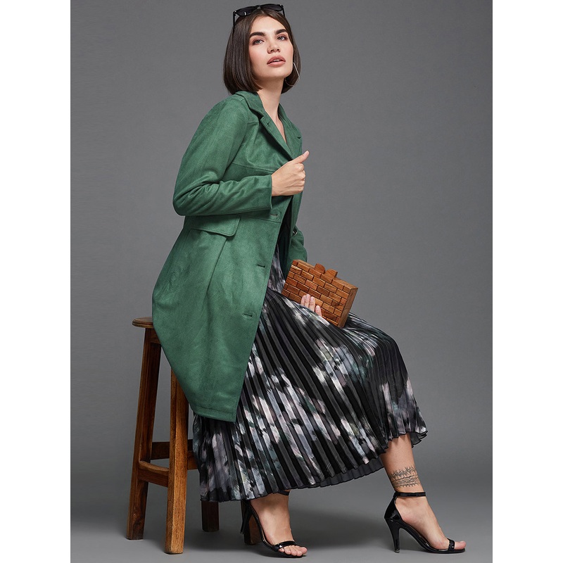 Women’s Dark Sage Shirt Collar Full-Sleeve Solid Knee-Long Polyester Jacket XS Green