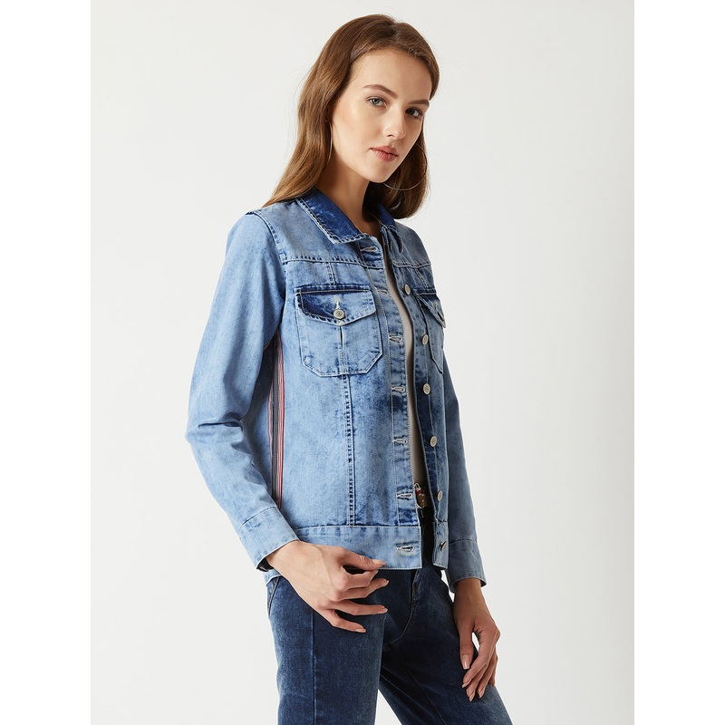 Women’s Light Blue Collared Full Sleeve Denim Multicolored Twill Tape Detailing Denim Jacket XS Light Blue