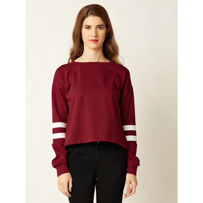 Women’s Maroon Round Neck Full Sleeve Solid Paneled Boxy Top XS Maroon