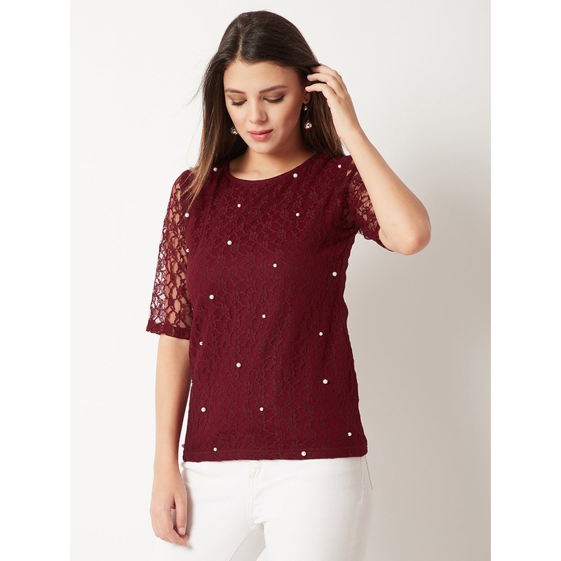 Women’s Maroon Round Neck Half Sleeves Cotton Solid Lace And Pearl Detailing Top XS Maroon