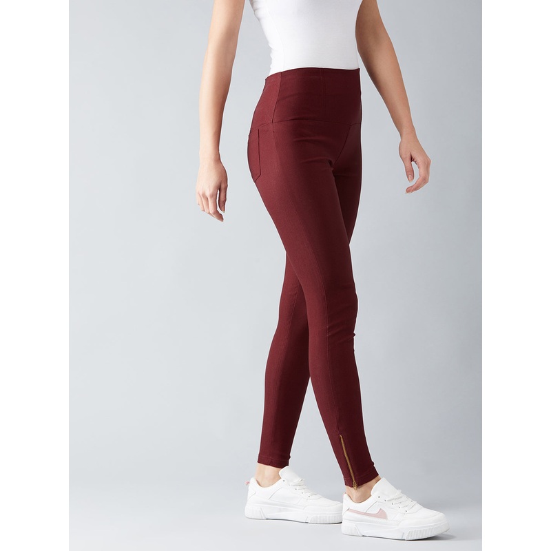 Women’s Maroon Solid Zipper Detailing Skinny Regular Length High-Waist Treggings XS Maroon