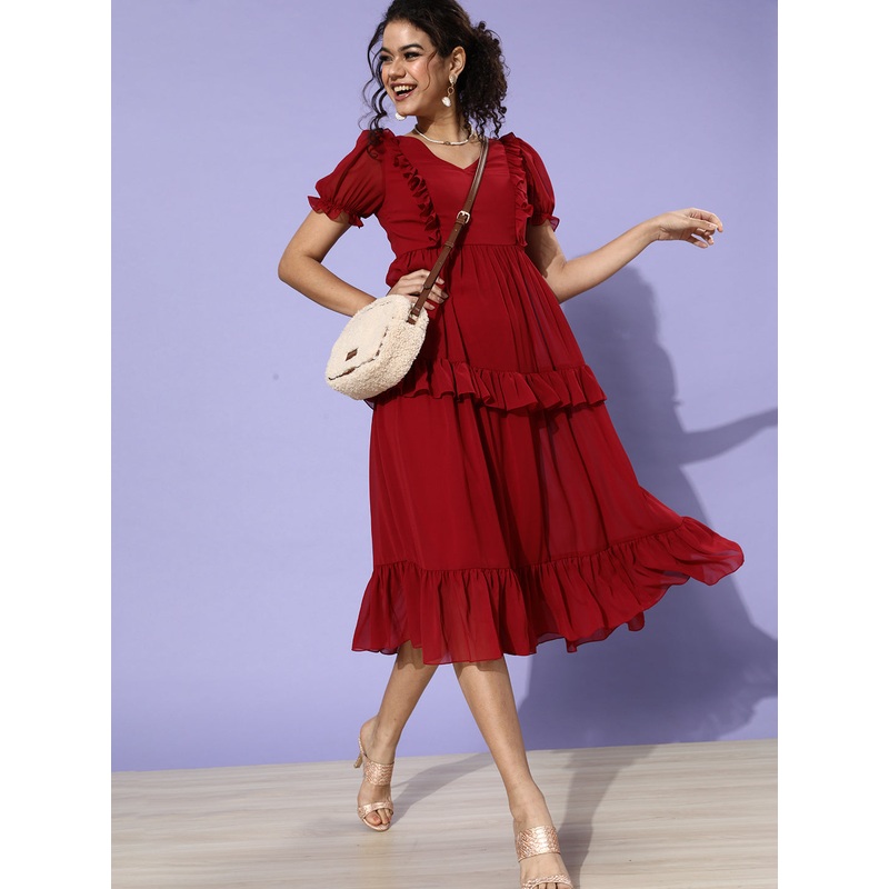 Women’s Maroon V-Neck Puff Sleeve Solid Tiered Midi-Length Dress XS Maroon