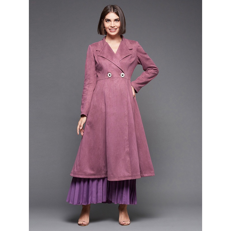 Women’s Mauve Solid V-Neck Full Sleeves Side Pocketed Polyester Double Breasted Longline Blazer Jacket XS Mauve