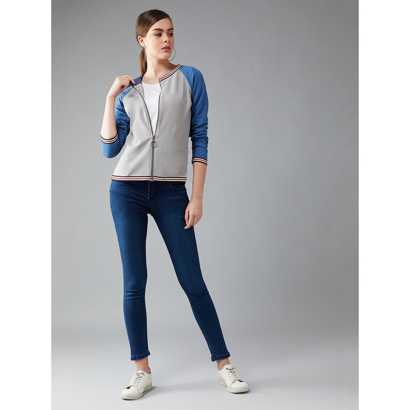 Women’s Multicolor-Base Azure Blue Round Neck Full Sleeves Solid Boxy Color-blocked Regular Length Jacket XS Multicolor-Base Azure Blue