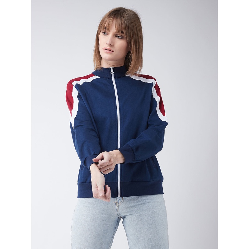 Women’s Multicolored-Base-Navy Blue Turtle-neck Full sleeves Solid Color-Block Regular Jacket XS Multicolored Base Navy Blue