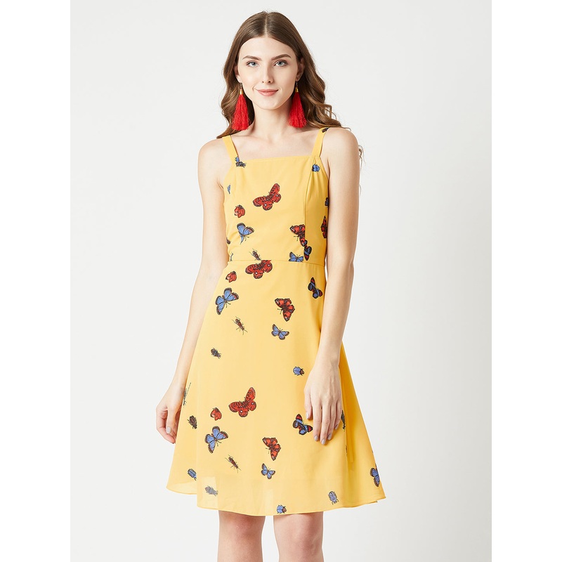 Women’s Multicolored Base Yellow Square Neck Sleeveless Printed Skater Mini Dress XS Multicolor-Base Yellow