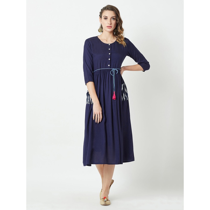 Women’s Navy Blue Round Neck 3/4 Sleeve Belted Solid Gathered Midi Dress XS Navy Blue