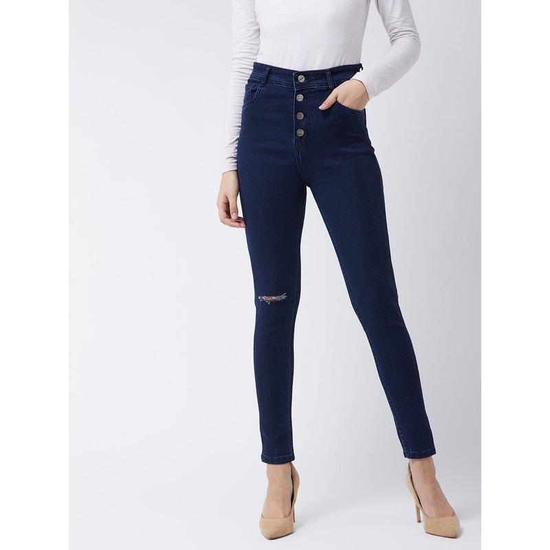 Women’s Navy-Blue Skinny High-Rise Knee-Slit Denim Jeans 26 Navy Blue