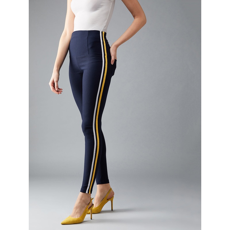 Women’s Navy Blue Solid Knitted Skinny Twill Tape Detailing High-Waist Regular Length Treggings XS Navy Blue