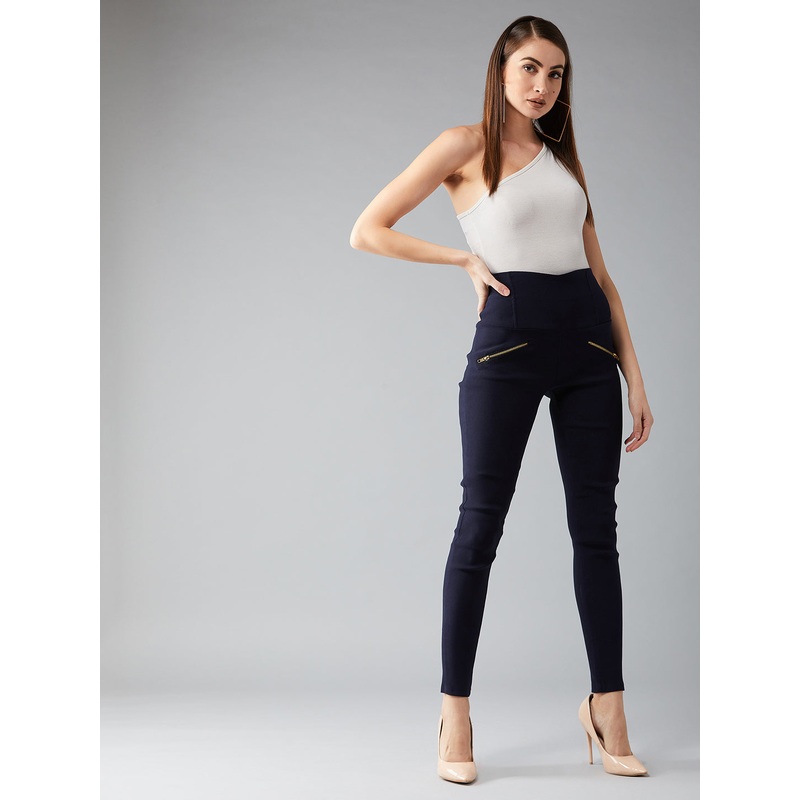 Women’s Navy Blue Solid Skinny High-Waist Regular Length Zipper Detailing Treggings XS Navy Blue