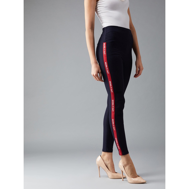 Women’s Navy Blue Twill Tape Detailing Solid High-Waist Regular Length Patch Pocket Treggings XS Navy Blue