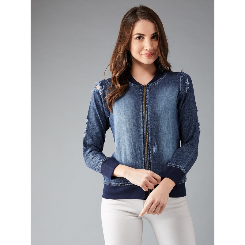 Women’s Navy Blue V-Neck Full Sleeve Solid Bomber Regular Jacket XS Navy Blue