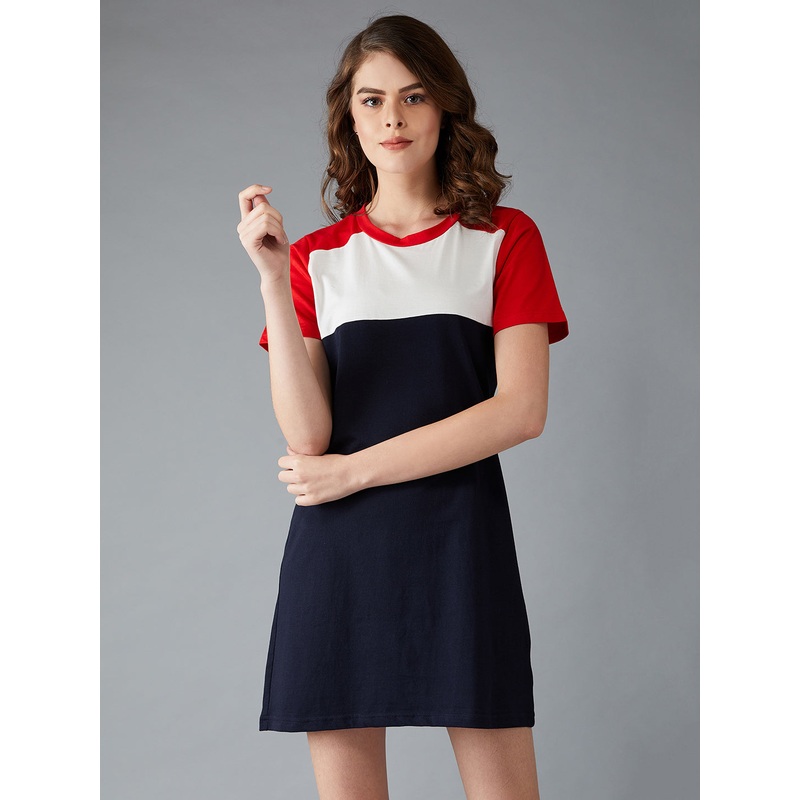 Women’s Navy Blue, White, Red Round Neck Short Sleeve Solid Paneled Mini Dress XS Navy Blue, White, Red