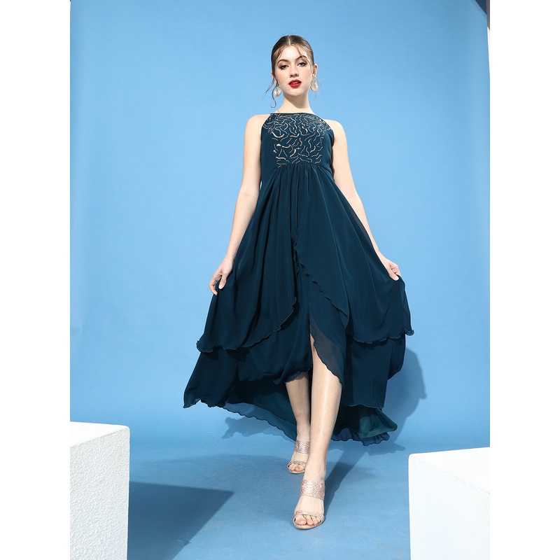 Women’s Teal Round Neck Sleeveless Sequined Party Maxi Dress XS Teal