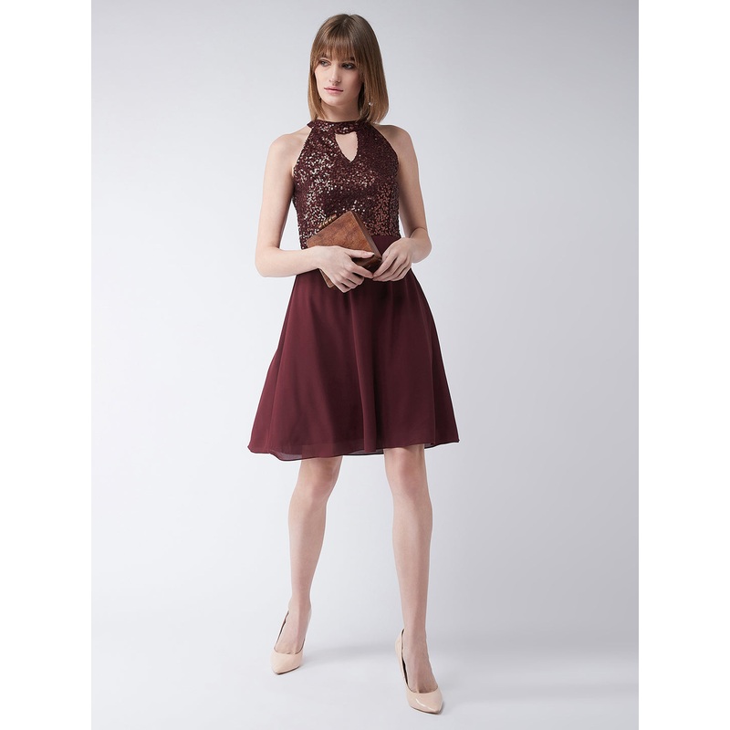 Women’s Wine Red Round Neck Sleeveless Solid Sequin Flowy Knee-Long Skater Dress XS Maroon