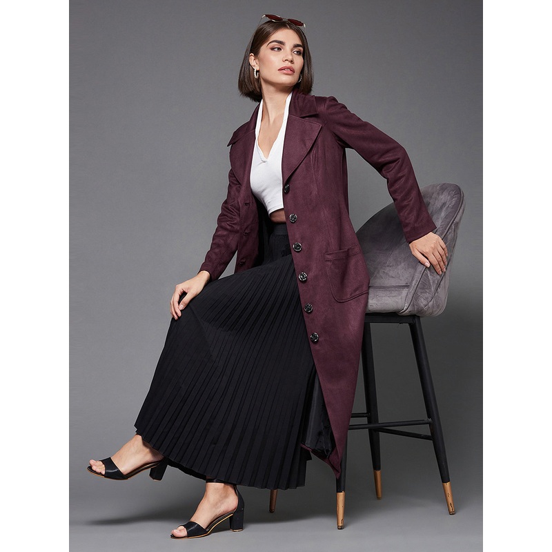 Women’s Wine Solid V-Neck Full Sleeves Patched Pocketed Polyester Button Down Longline Winter Wear Blazer Jacket XS Wine