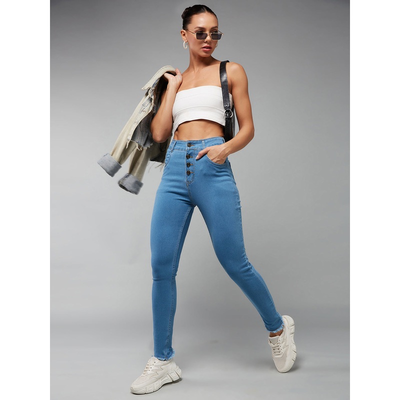 24/7 Comfort Blue Skinny Solid High-Rise Cropped Fringed Hemline Detailing Stretchable Denim Jeans 26 Blue