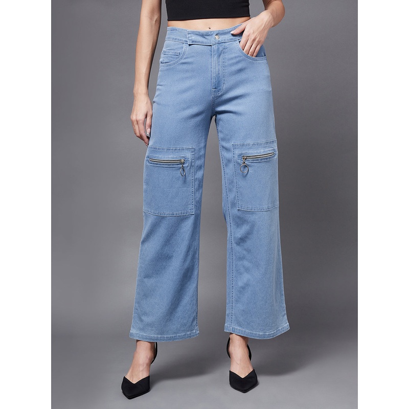 24/7 Comfort Light Blue Wide-Leg Mid-Rise Clean-Look Regular Stretchable Denim Jeans 26 Blue