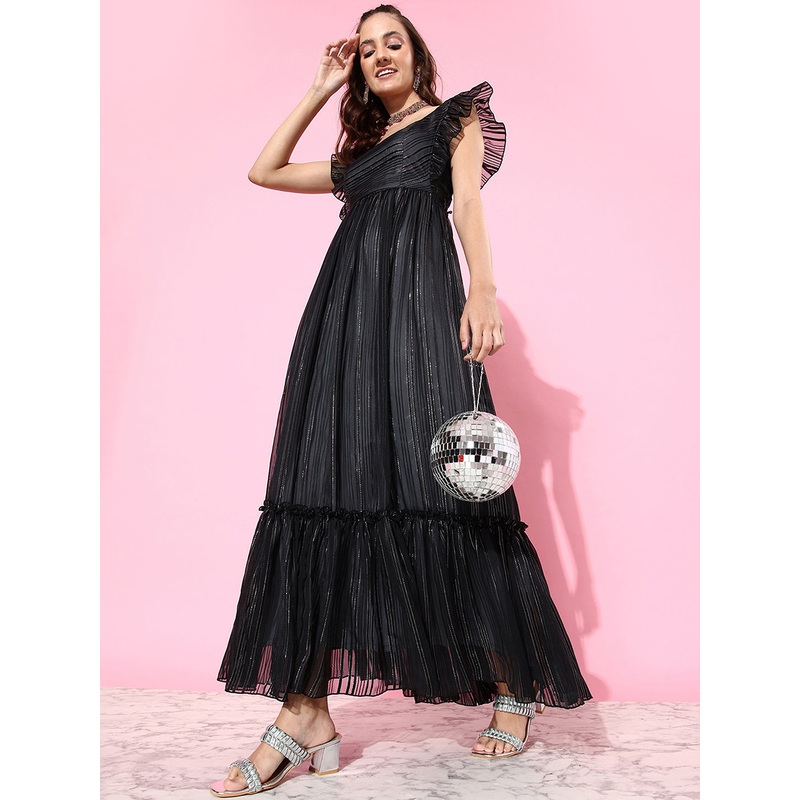 Black Ruffled Sleeves Shimmery Maxi Dress for Women XS Black