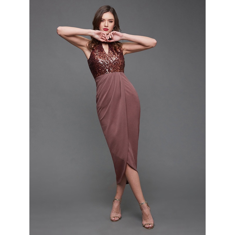 Crease Ease Women’s Mauve Halter Neck Sleeveless Sequined Party Midi Dress XS Mauve