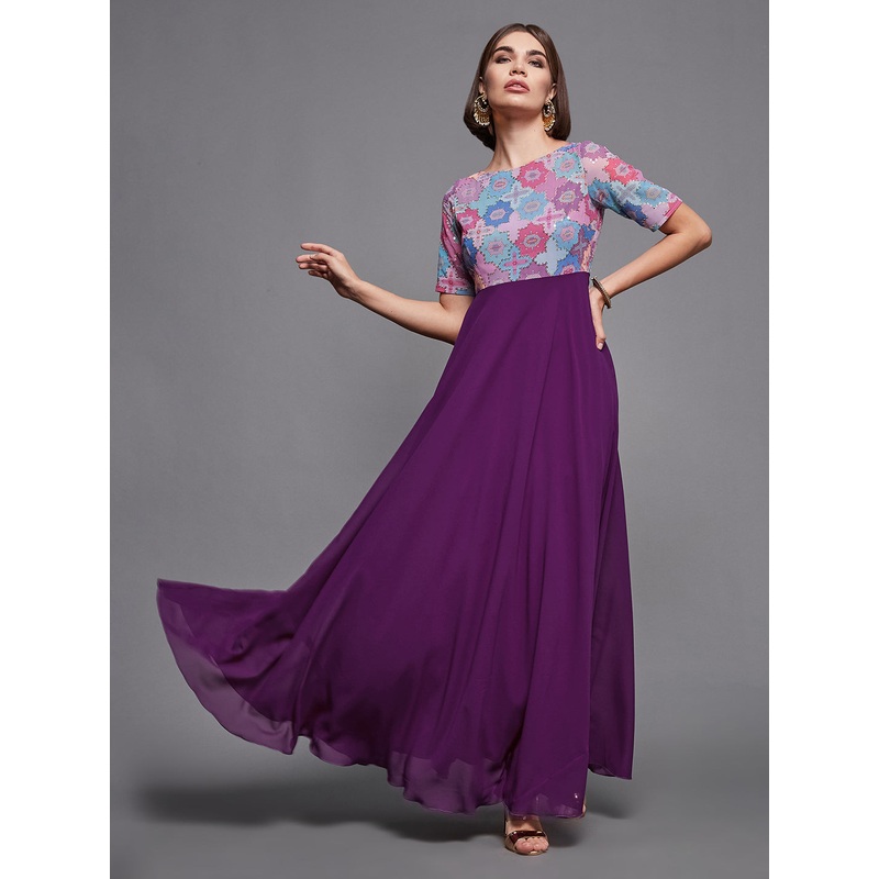 Dark Purple Boat Neck Half Sleeves Geometric Printed Maxi Dress for Women XS Purple