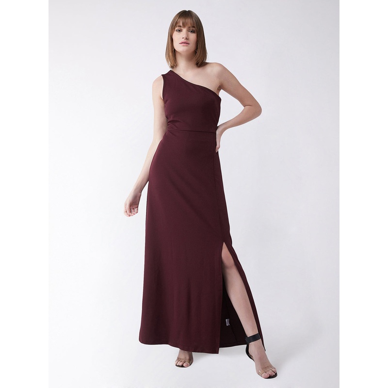 Wine One Shoulder Solid Maxi Dress for Women XS Wine Red
