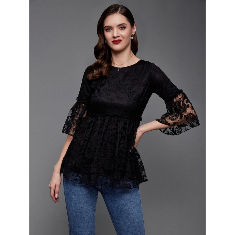 Women’s Black Relaxed Fit Regular Lace Top XS Black