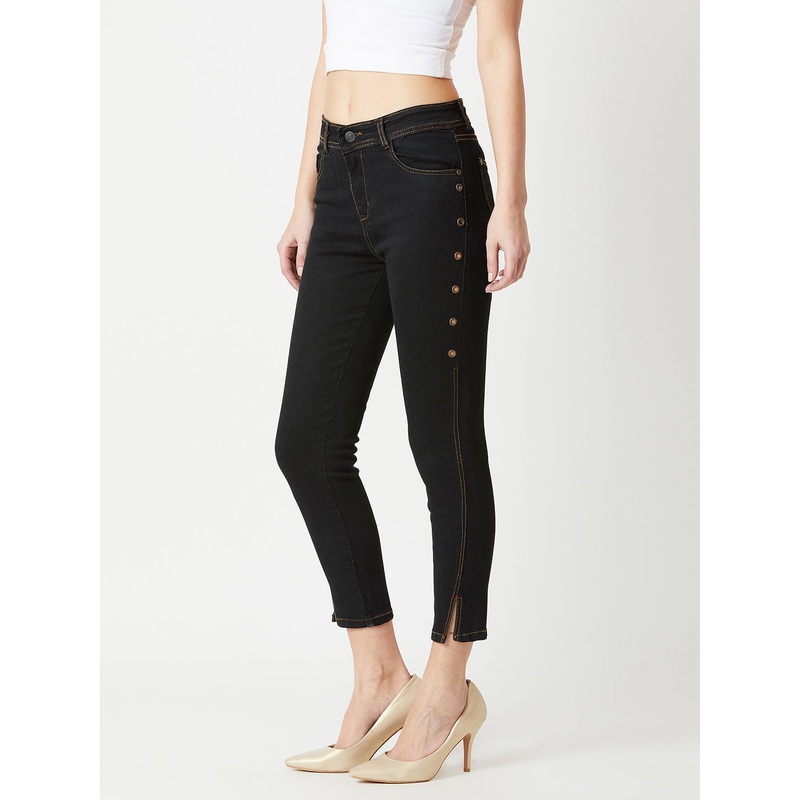 Women’s Black Skinny High-Rise Side-Slit Solid Eyelet Embellished Cropped-Length Stretchable Denim Jeans 26 Black