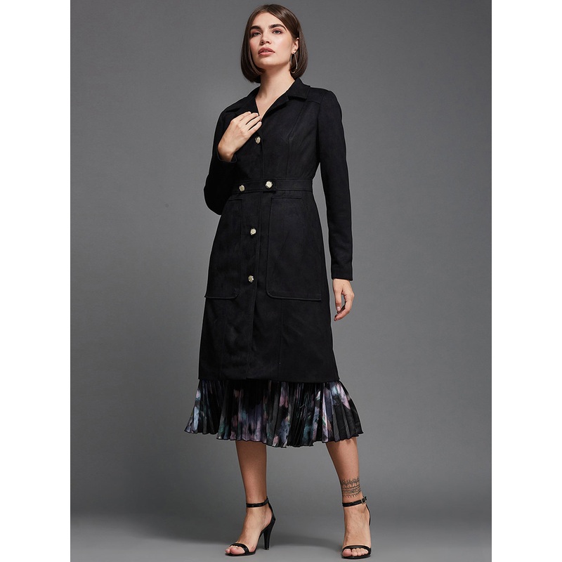 Women’s Black Solid Shirt Collar Full Sleeves Patched Pocketed Polyester Button Down Longline Blazer Jacket XS Black