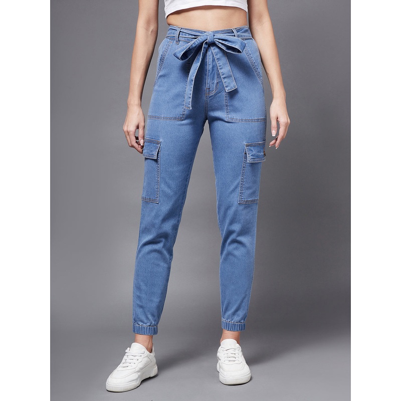 Women’s Blue High-Rise Stretchable Denim Joggers 26 Blue