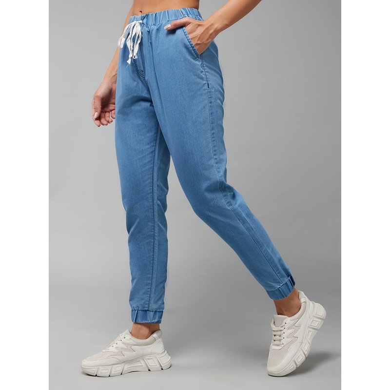 Women’s Blue Regular Fit Mid Rise Regular Length Non-Stretchable Denim Joggers 26 Blue