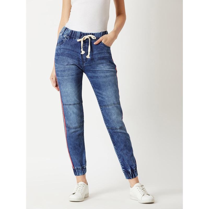 Women’s Blue Relaxed Fit Mid Rise Regular Length Multicolor Twill Tape Detailing Denim Stretchable Jogger Pants 26 Blue