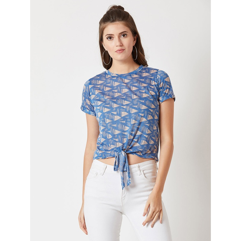 Women’s Blue Round Neck Short Sleeve Nautical Relaxed Fit Waist Tie-Up Top XS Multicolor-Base Blue