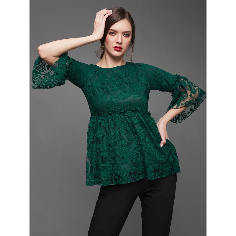 Women’s Forest Green Relaxed Fit Regular Lace Top XS Green