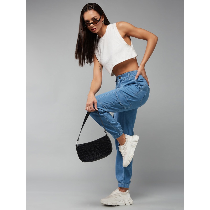 Women’s Light Blue Regular High-Rise Clean-Look Light Weight Stretchable Denim Joggers 26 Blue