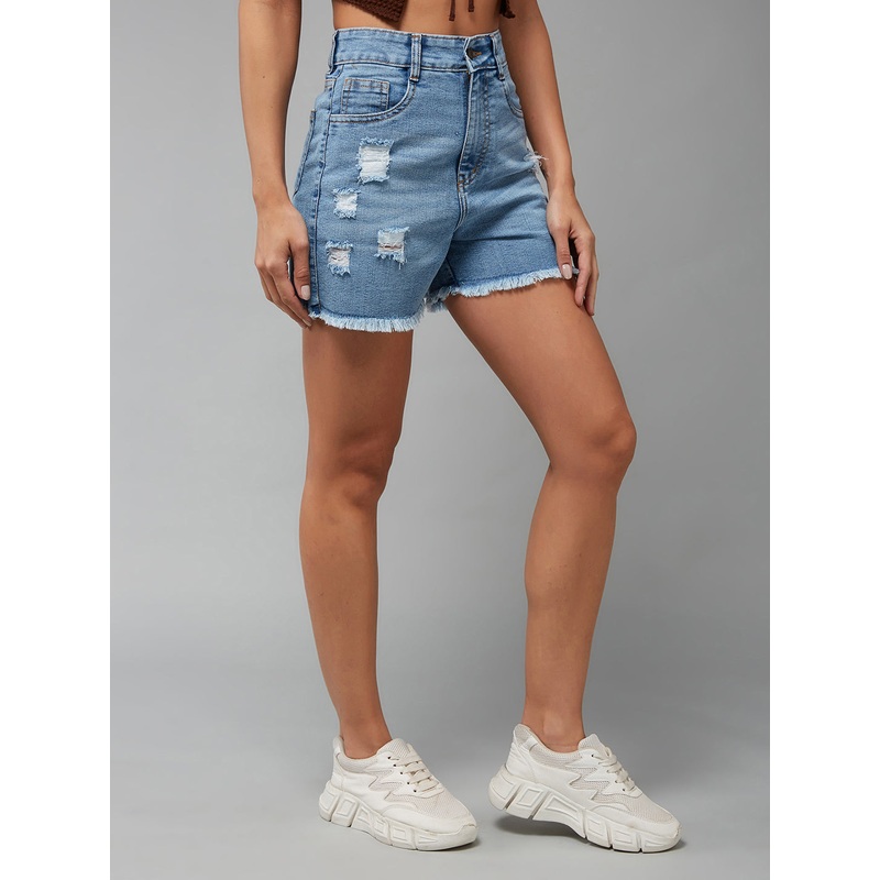 Women’s Light Blue Relaxed Fit Light Weight Mid Rise Highly Distressed Denim Shorts 24 Blue