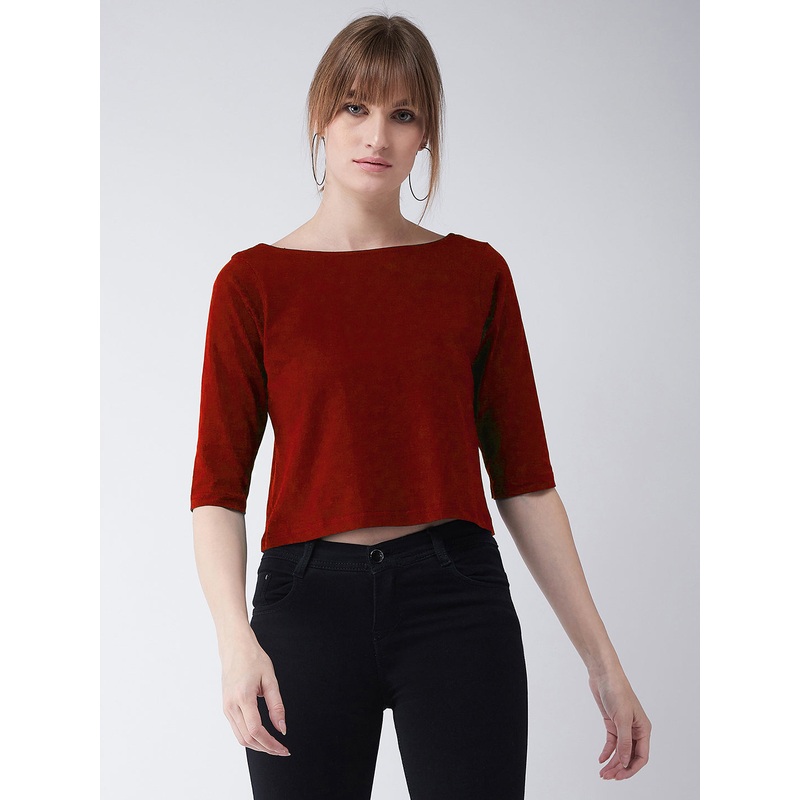Women’s Maroon Boat Neck Half Sleeves Low Back Buttoned Crop Top XS Maroon