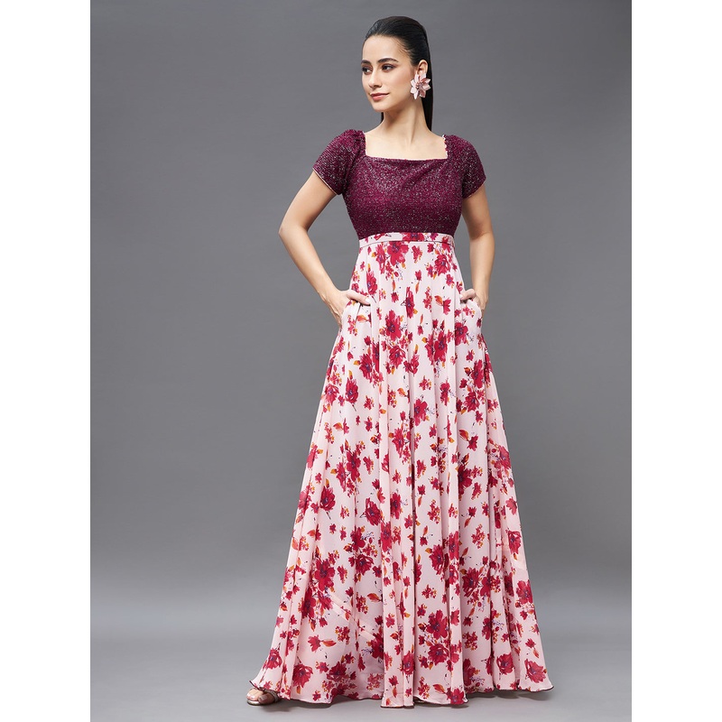 Women’s Maroon & Off-White Colored Square Neck Short Puff Sleeve Floral Patterned Fit & Flare Georgette Maxi Dress XS Multicolor