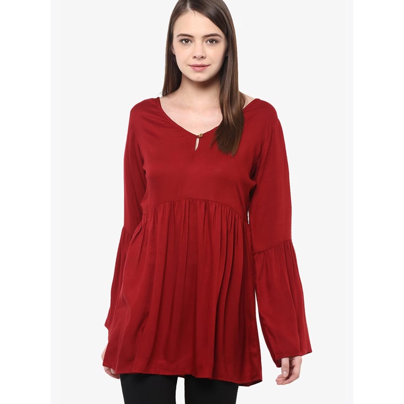 Women’s Maroon V-Neck Full Sleeves Deep Back Gathered Bell Sleeves Top XS Maroon