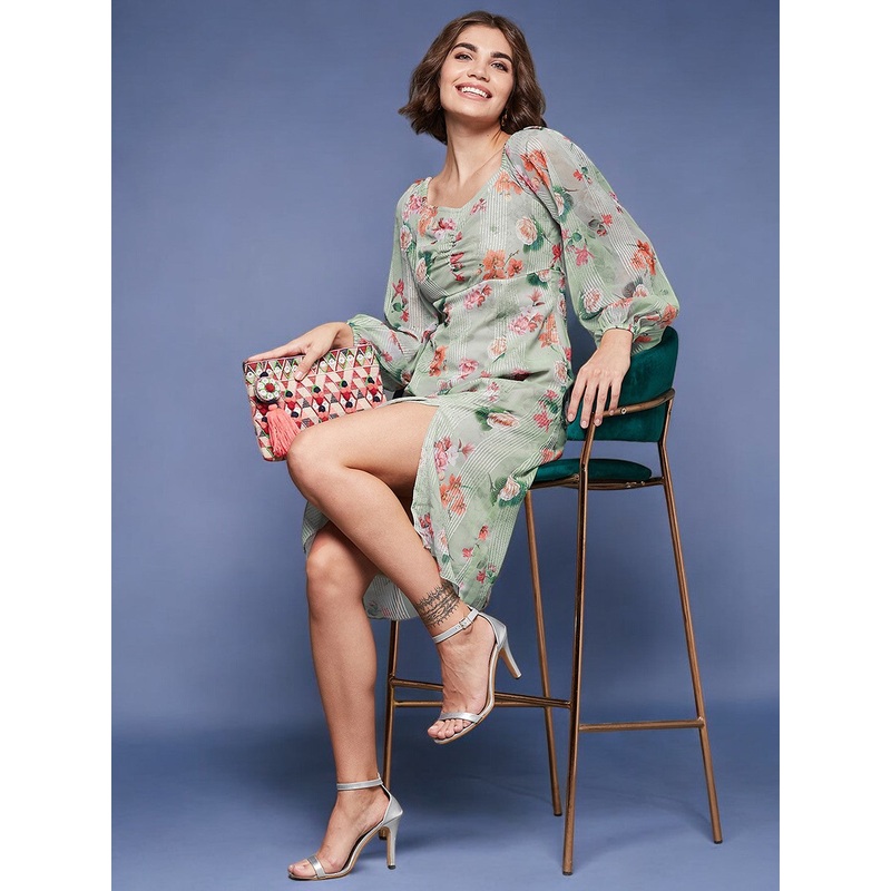 Women’s Multicolored-Base-Dusty Green Sweetheart Full Sleeve Floral A-Line Midi Dress XS Multicolored