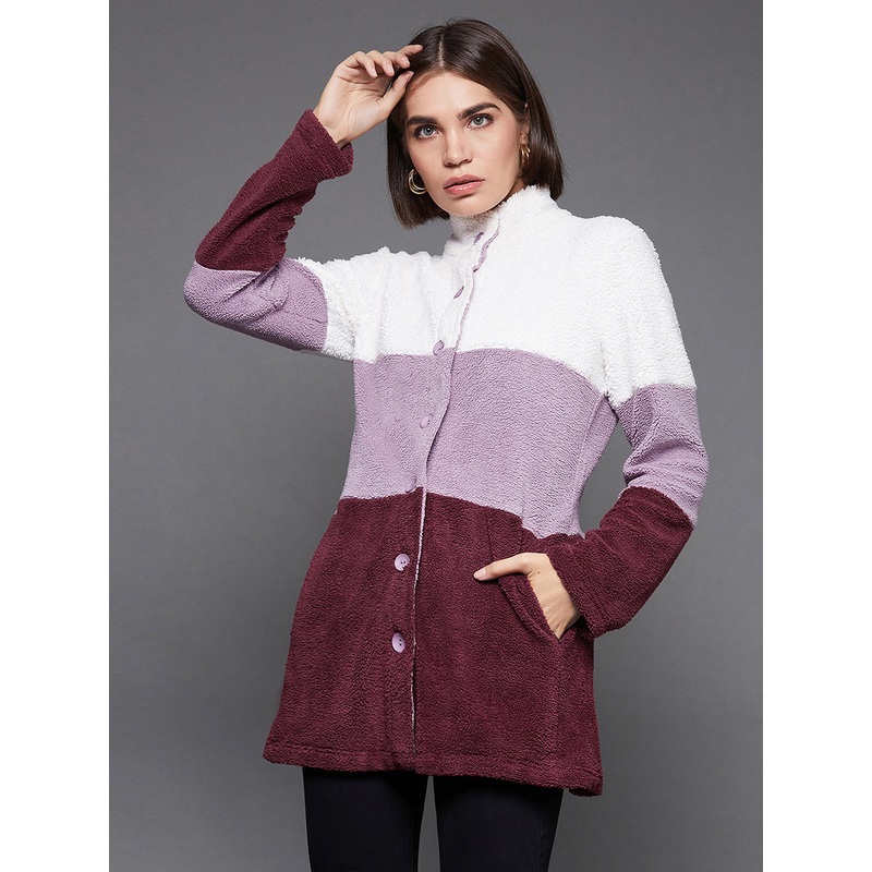 Women’S Multicolored Mandarin Collar Full-Sleeve Colourblocked Tailored Longline Polyester Jacket XS Multicolored