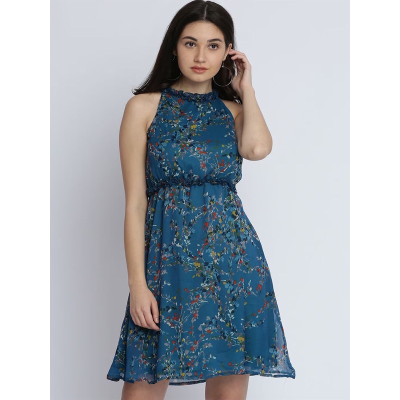 Women’s Multicolored Round Neck Sleeveless Floral Ruffled Gathered Knee-Long Skater Dress XS Multicolored-Base Turquoise