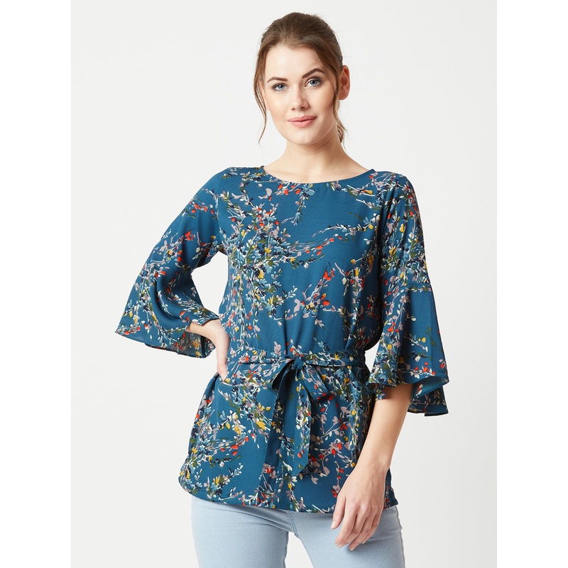 Women’s Multicolored With A Turquoise Base Boat Neck Ruffled 3/4 Sleeves Floral Ruffled Long Belted Tie-Up Top XS Multicolor