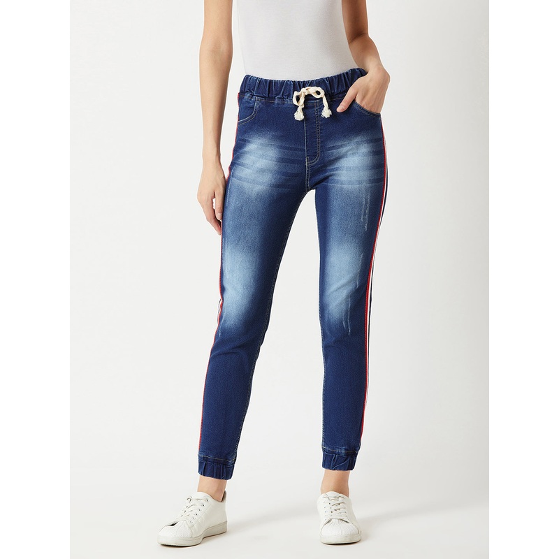 Women’s Navy Blue Relaxed Fit Mid Rise Regular Length Multicolored Twill Tape Detailing Scraped Denim Stretchable Jogger Pants 26 Navy Blue