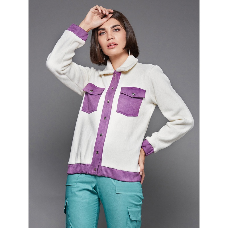 Women’S Off White & Dark Lavender Shirt-Collared Full-Sleeve Regular-Length Polyester Bomber Jacket XS Off White & Dark Lavender