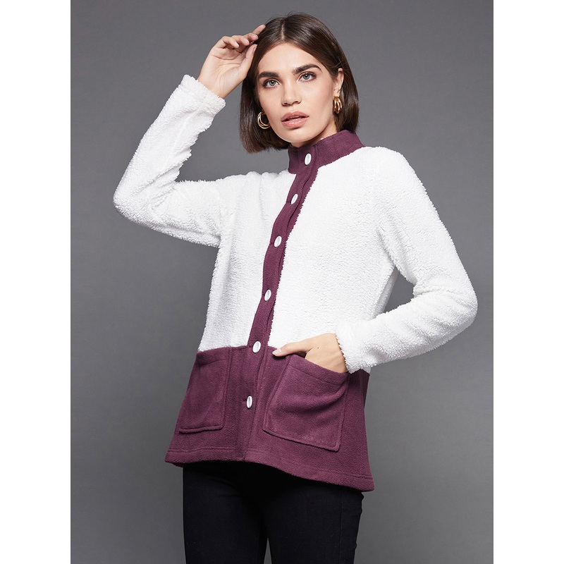 Women’S Off White & Dark Mauve Mandarin Collar Full-Sleeve Colourblocked Tailored Knee-Long Polyester Jacket XS Off White & Dark Mauve