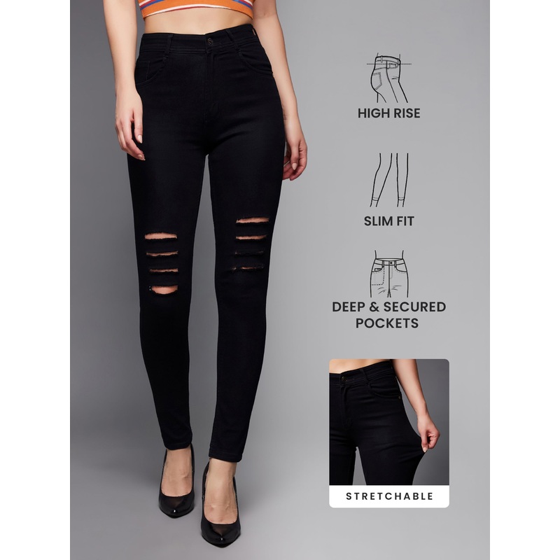 24/7 Comfort Black Slim-Fit High-Rise Distressed Ripped Stretchable Denim Jeans 26 Black