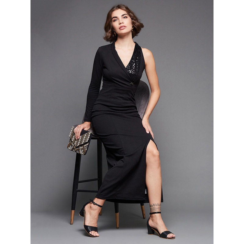 Black Asymmetric Sequinned Blazer Maxi Dress for Women XS Black